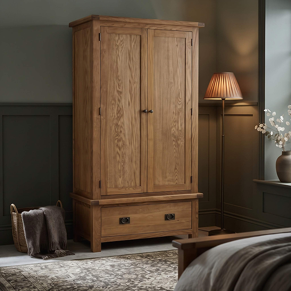 Zelah Oak Double Wardrobe with Drawer