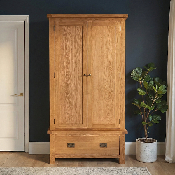 Zelah Oak Double Wardrobe with Drawer