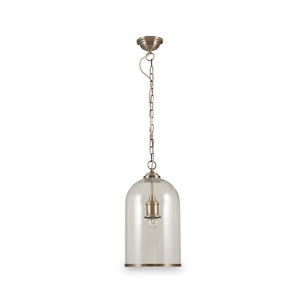 Cloche Clear Glass and Antique Brass Rimmed Pendant