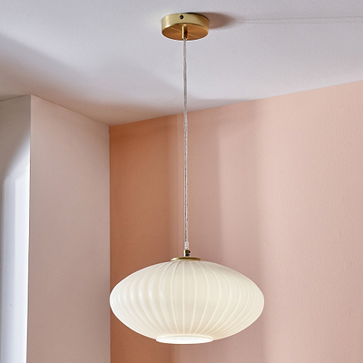 Emilia White Glass and Gold Metal Ribbed Oval Pendant