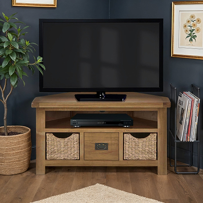 Zelah Oak Corner TV Stand with Baskets