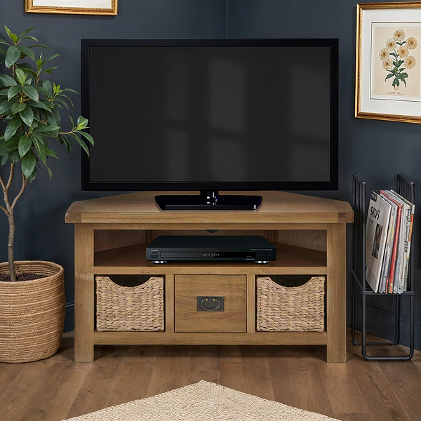 Zelah Oak Corner TV Stand with Baskets