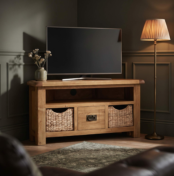 Zelah Oak Corner TV Stand with Baskets