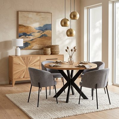 Sunburst Oak Round Dining Table