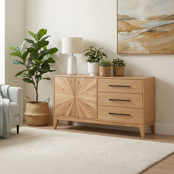 Sunburst Oak Large 2 Door 3 Drawer Sideboard