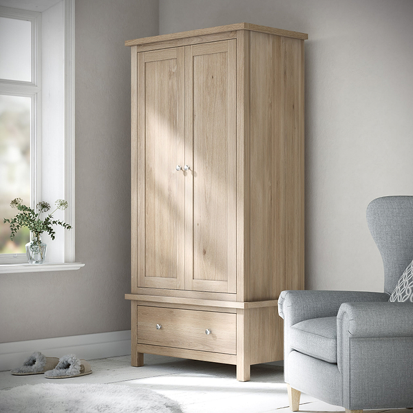 Farro Washed Oak Double Wardrobe with Drawers