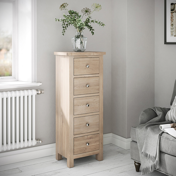 Farro Washed Oak 5 Drawer Tallboy Chest