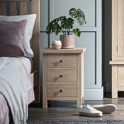 Trelan Washed Oak 3 Drawer Bedside Table