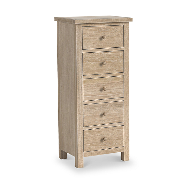 Trelan Washed Oak 5 Drawer Tallboy