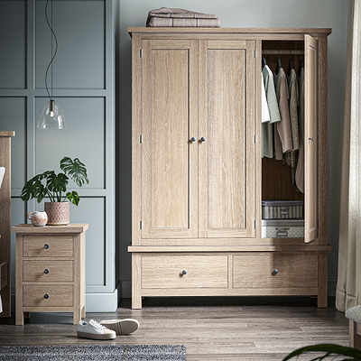 Trelan Washed Oak 2 Drawer Triple Wardrobe