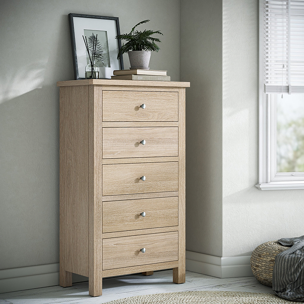 Farro Washed Oak XL 5 Drawer Tallboy Chest