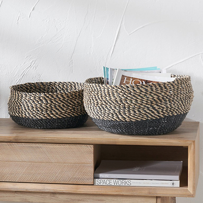 Seagrass Natural and Black Round Baskets Set of 2