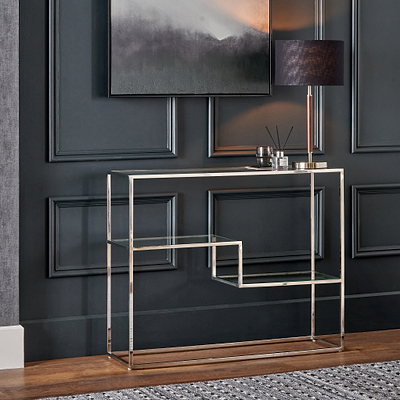 Aleandra Clear Glass and Silver Metal Console Table
