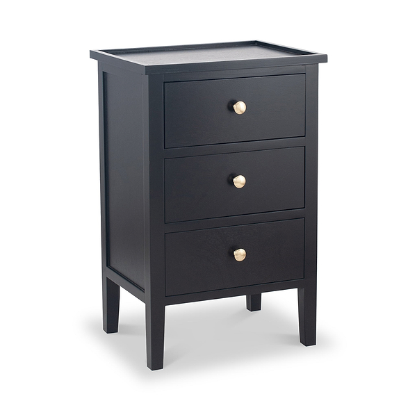 Chelmsford Satin Black Pine 3 Drawer Bedside Table