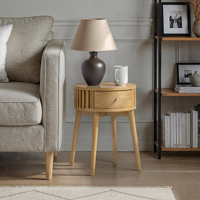 Shorwell Oak Slatted Round 1 Drawer Side Table