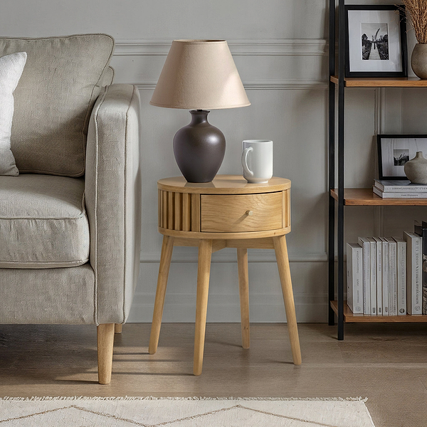 Shorwell Oak Slatted Round 1 Drawer Side Table