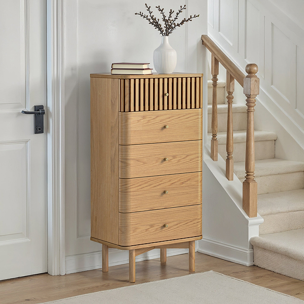 Shorwell Oak Slatted 5 Drawer Tallboy Chest