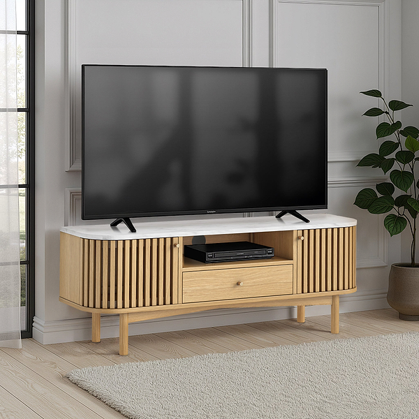 Shorwell Oak & Marble Slatted 130cm TV Unit