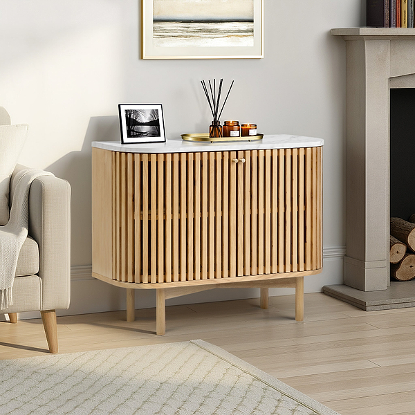 Shorwell Oak & Marble Slatted Small Sideboard