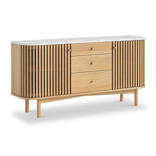 Shorwell Oak & Marble Slatted 3 Drawer Sideboard
