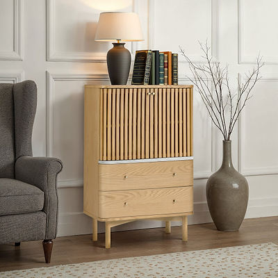 Shorwell Oak & Marble Slatted 2 Drawer 2 Door Cabinet