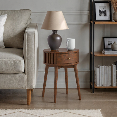 Shorwell Dark Oak Slatted Round 1 Drawer Side Table