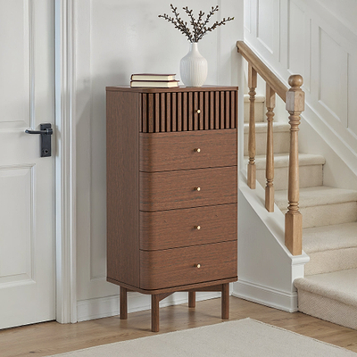 Shorwell Dark Oak Slatted 5 Drawer Tallboy Chest