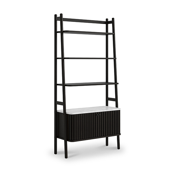 Shorwell Black & Marble Bookcase with 2 Door Slatted Cupboard