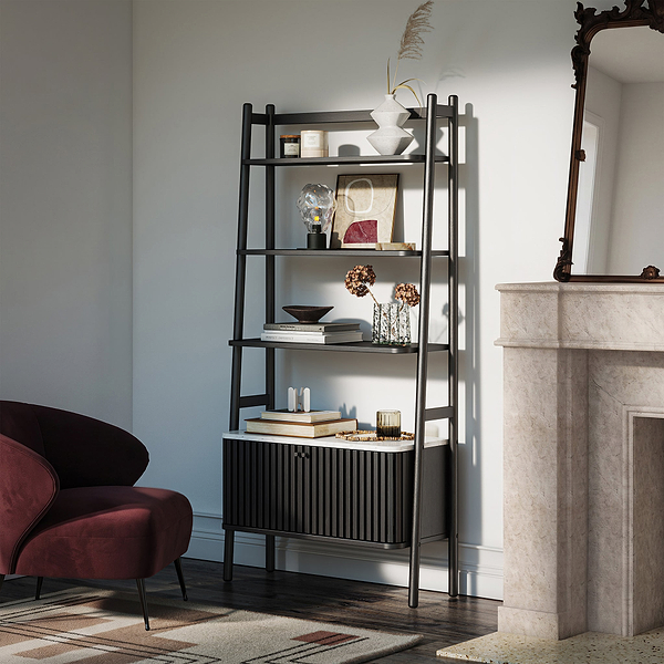 Shorwell Black & Marble Bookcase with 2 Door Slatted Cupboard