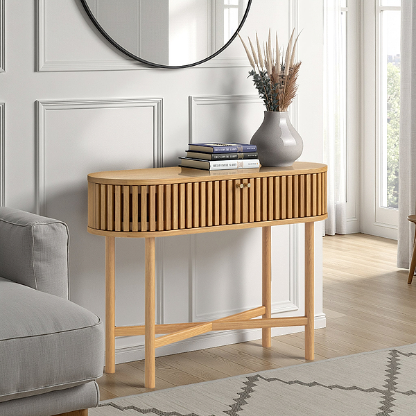 Shorwell Oak Slatted Oval Console Table