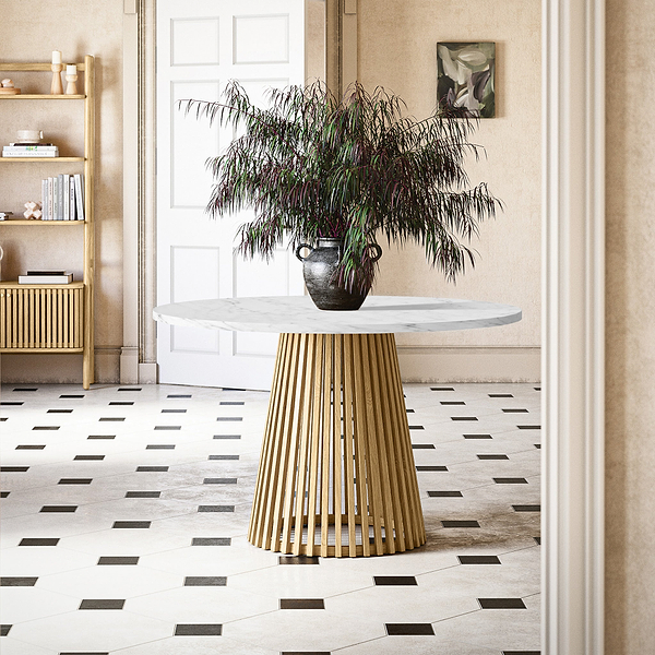 Shorwell Oak & Marble Slatted Round Dining Table
