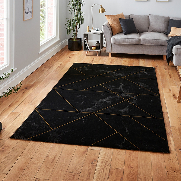 Fenway Black & Gold Geometric Super Soft Rug