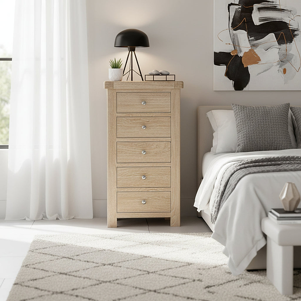 Portland Washed Oak 5 Drawer Tallboy Chest
