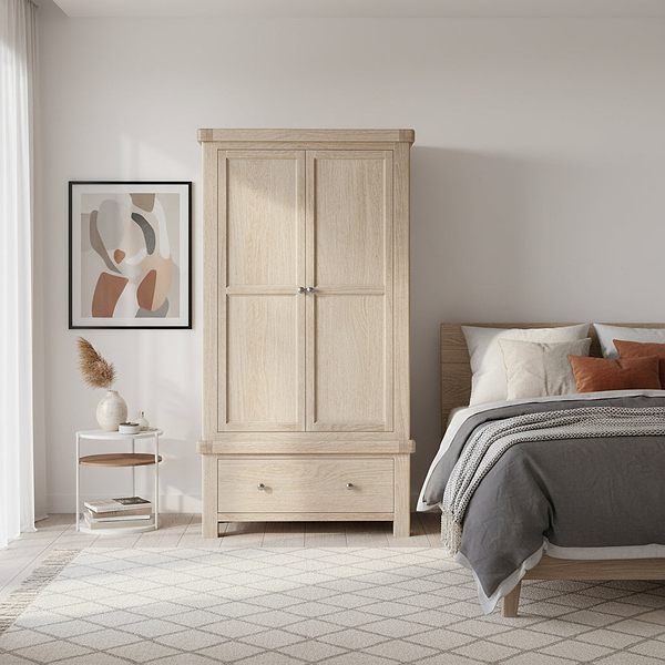 Portland Washed Oak Double Wardrobe with Drawer