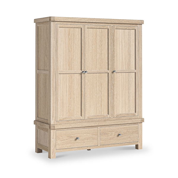 Portland Washed Oak Triple Wardrobe with 2 Drawers