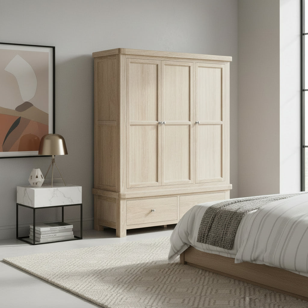 Portland Washed Oak Triple Wardrobe with 2 Drawers