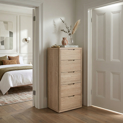 Mylor Washed Oak 5 Drawer Tallboy Chest