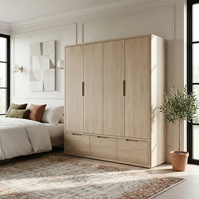 Mylor Washed Oak 4 Door Wardrobe with 3 Drawers