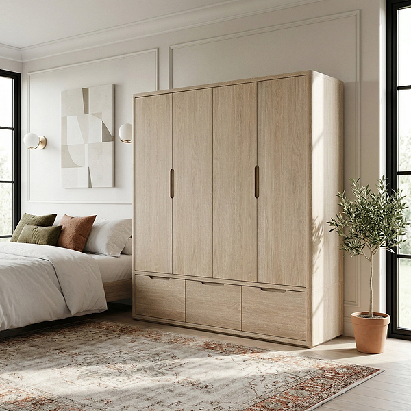 Mylor Washed Oak 4 Door Wardrobe with 3 Drawers