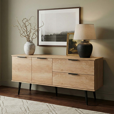 Asher Light Oak 2 Drawer 2 Door Wide Sideboard with Black Legs