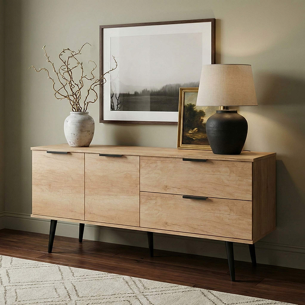 Asher Light Oak 2 Drawer 2 Door Wide Sideboard with Black Legs