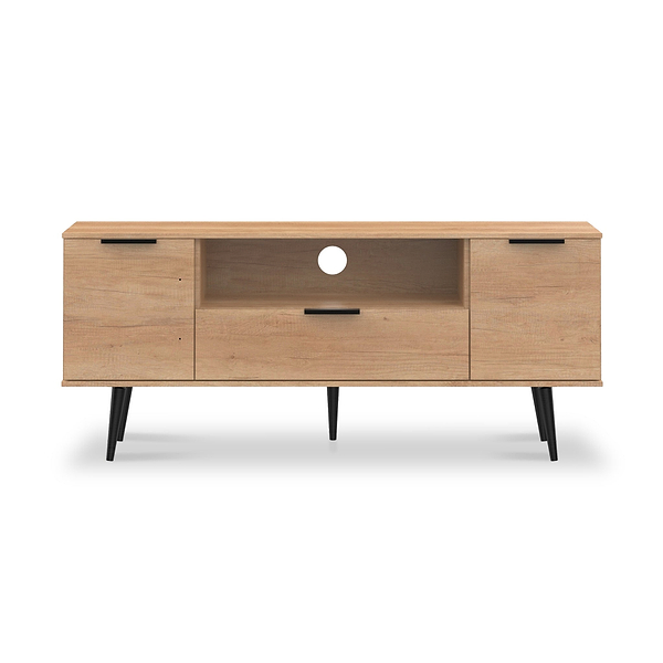 Asher Light Oak 2 Door 1 Drawer Wide TV Unit with Black Legs