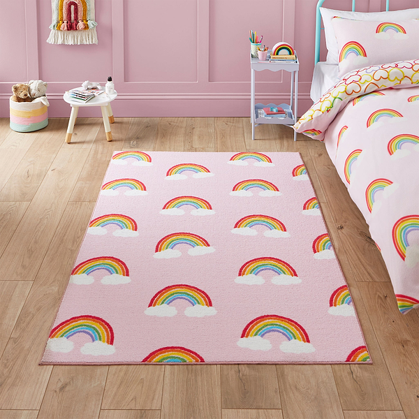 Kids Rainbow Hearts Washable Rug