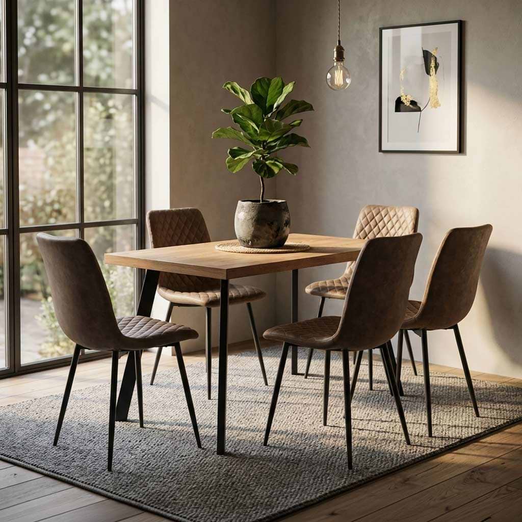 Elmont 120cm Oak Effect Dining Table with 4 Quilted Dining Chairs