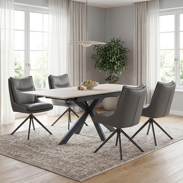Vista 120cm-180cm Extending Ceramic Table with 4 Sable Dining Chairs