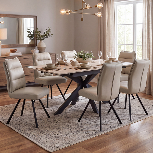 Vista 120cm-180cm Extending Ceramic Table with 6 Tate Dining Chairs