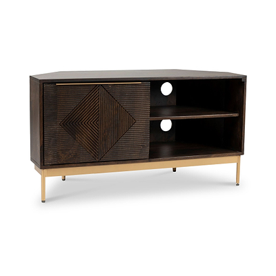 Beau Grooved Brown Mango Wood Corner TV Unit