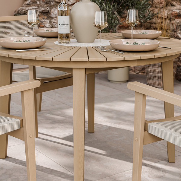 Roma FSC 4 Seater Round Sunray with Concrete Insert Dining Set with Roma Rope Stacking Chairs