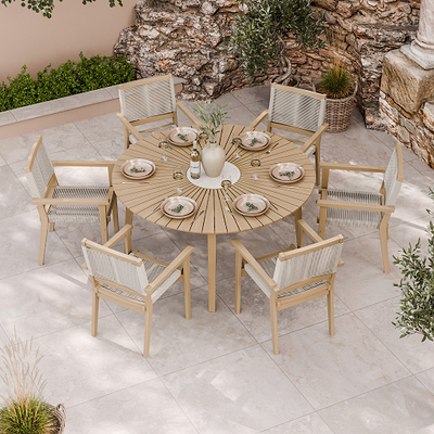 Roma FSC 6 Seater Round Sunray with Concrete Insert Dining Set with Roma Rope Stacking Chairs