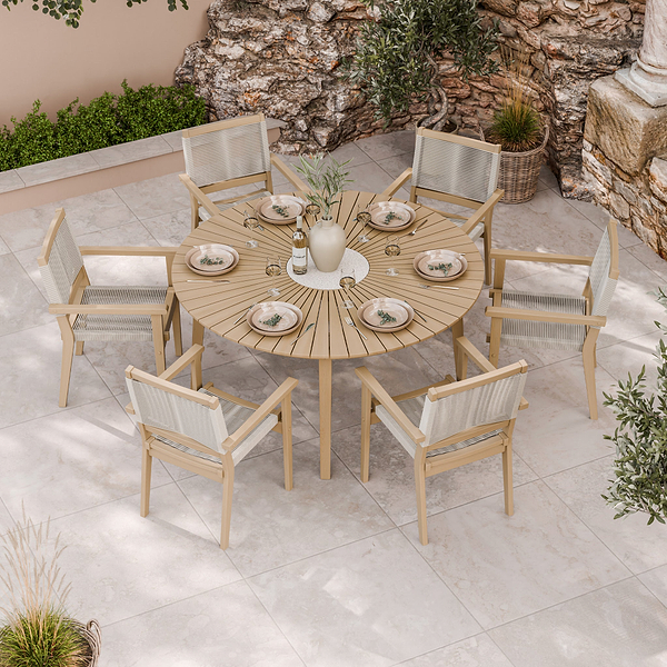 Roma FSC 6 Seater Round Sunray with Concrete Insert Dining Set with Roma Rope Stacking Chairs